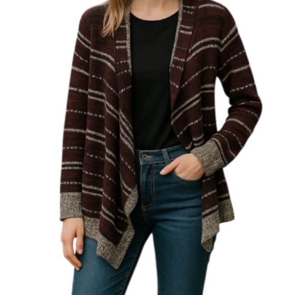 ROMEO & JULIET Open Cardigan Burgundy Grey White Mix Draped Knit Bohemian Size M - Picture 1 of 10